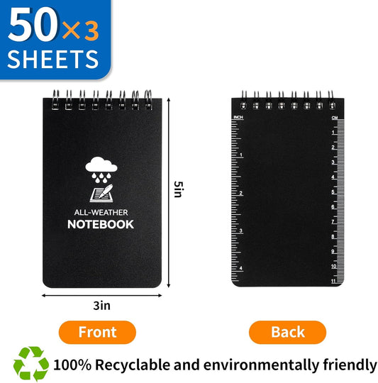 COIDEA 3 Pack Waterproof Notebook, 3 x 5 Pocket Notepad, All Weather Small Pocket Notebook Paper, Mini Spiral Notepad Police Notepad 100 Lined Pages for Outdoor Office