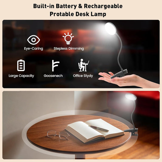 Cordless Clip on Desk Lamp with Clamp, 30 Lighting Modes (6 Colors x 5 Dimming Levels) Eye-Protect 450 Lumen, 360° Flexible Gooseneck & Foldable, Clip on Light for Bed Headboard / Puzzle,Black 1 Pcs