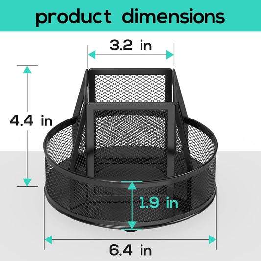 YINGHUA Metal Mesh Desk Organizer with 5 Compartments and Rotating Pencil Holder Pen and Stationery Organizer for Office Home School Anti Slip Base Black