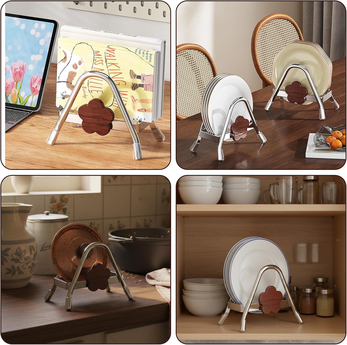 Cutting Board Rack - Stainless Steel Chopping Board Pot Lid Holder Stand with Flower Decor, Stable Triangle for Kitchen Countertop Pots Pan Plate Cutting Boards Cooking Mats Cookware