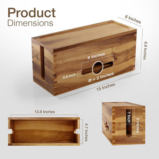 TIDITA Acacia Large Cable Management Box - 15" L Cord Box Hider, Power Strip Box for Office - Cable Hider Box, Surge Protector Box - Wire Box Hider for Desk - 3 Open Slots, Magnetic Lid (Walnut color)