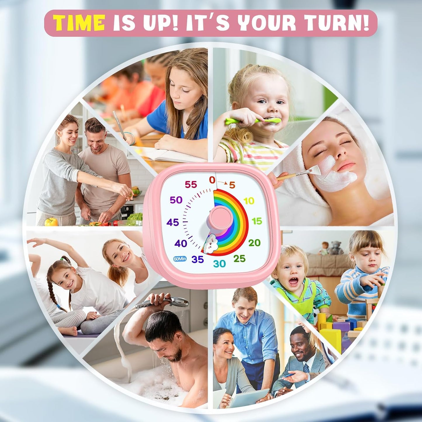 HIPPIH Visual Timer for Kids - 60 Minute Pomodoro Timers for Classroom Kitchen Office, Countdown Kids Timer Clock with Rainbow Disk, Desk Time Management Tool for Toddler with Silent Operation, Blue