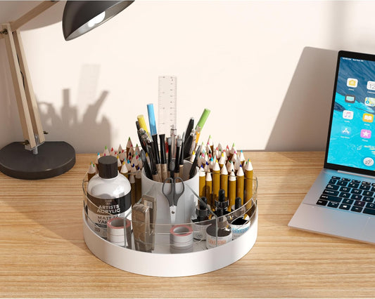 CraftGenes Rotating Pencil Organizer for Desk, 360 Smooth Spinning Marker Organizer, Clear Acrylic Pen Holder, Art Supply Storage & Lazy Susan Desktop Caddy for Kids, School, Office & Craft Room