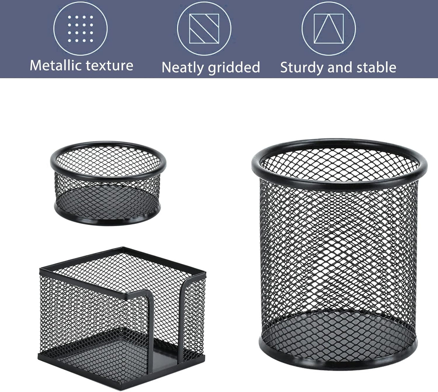 Pen Holder Desktop Pencil Organizer Metal Mesh Pen Cup Paper Clip Holder Memo Pad Holder Stationary Organizer for Desk 3 Pieces of a Set