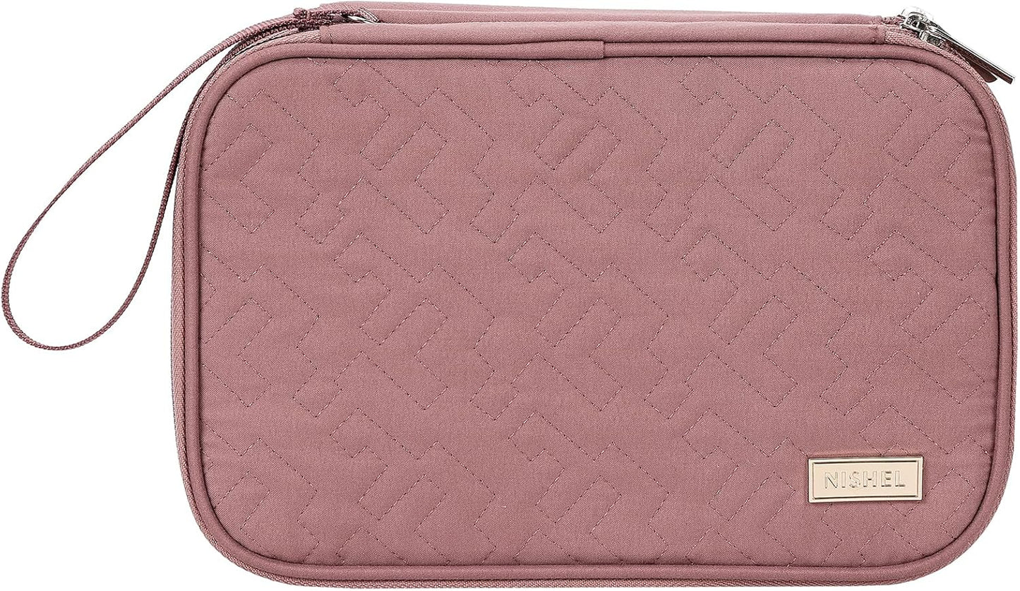 NISHEL Travel Cord Organizer Case, Double Layers Tech Electronic Bag, Essentials for Charger, Cable, Phone, Flash drive, Medium, Pink