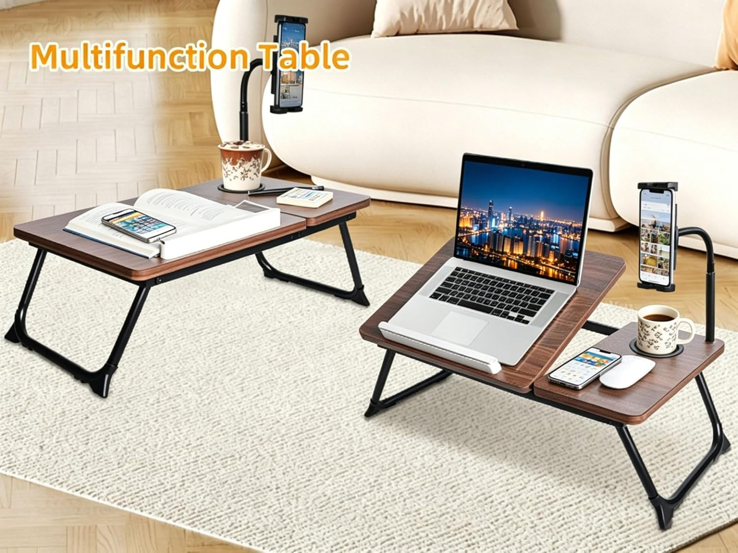 Foldable Lap Desk for Bed and Sofa, Portable Laptop Desk with Gooseneck Phone Stand, Cup Holder & Mouse Pad Extension, Extra Large Bed Desk Tray fits up to 17" Laptops (Walnut)