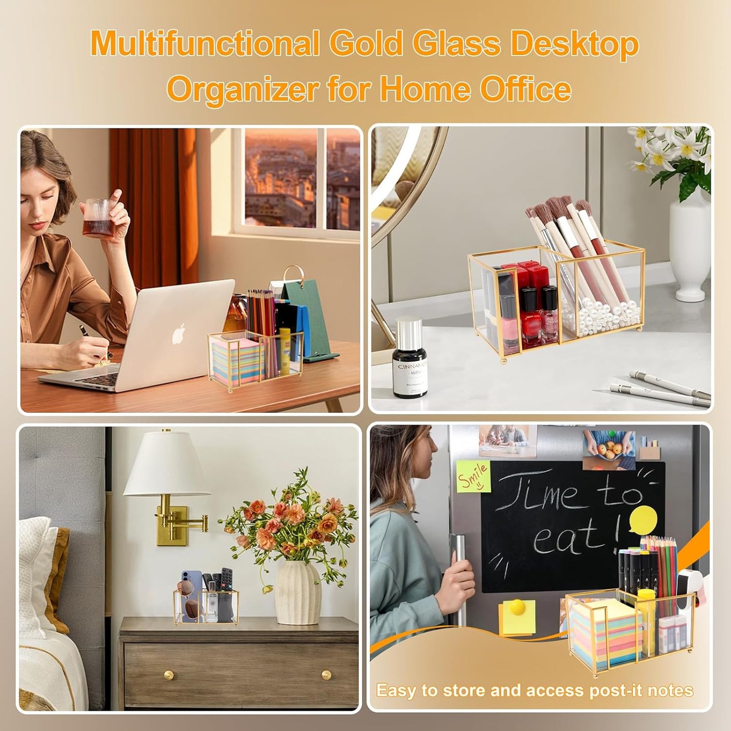 Glass Sticky Note Holder, Gold Post It Note Dispenser for Desk,3 x 3 Inch Post It Note Holder,Stylish Sticky Note Dispenser for Home Office Desk
