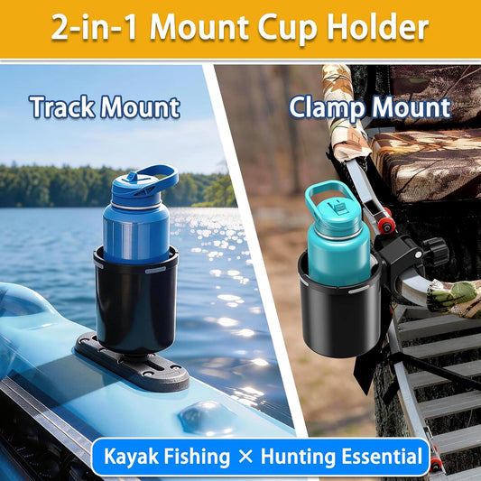 Upgraded Kayak Cup Holder with Track & Clamp Mount, 360° Adjustable Cup Holder Fits 12oz-40oz Tumblers, 2-in-1 Cup & Storage Bin for Kayak Fishing, Tree Stand Hunting, Fits Round & Square Rods