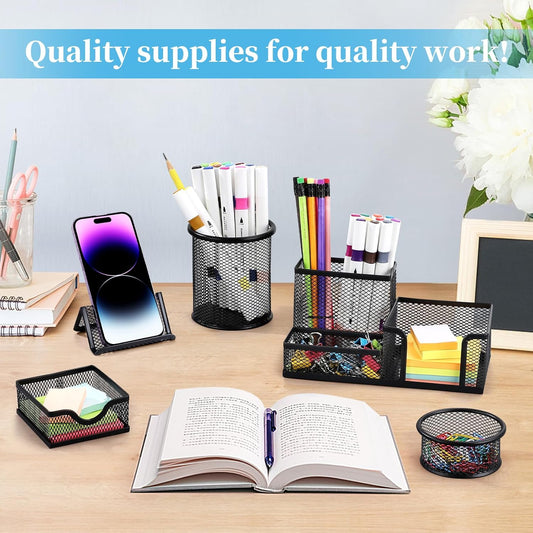 2-Piece Desk Pen & Pencil Organizer - Mesh Metal Pen Cup with Sticky Notes Holder, Black | Pen Cup