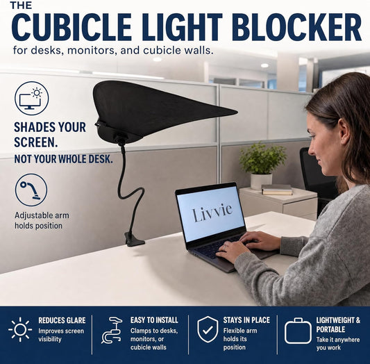 Livvie Cubicle Shade & Laptop Sun Shade for Working Outside — Adjustable Desk Shade Blocks Overhead Fluorescent Light & Window Glare — Foldable Cubicle Light Blocker for Light-Sensitive Workers