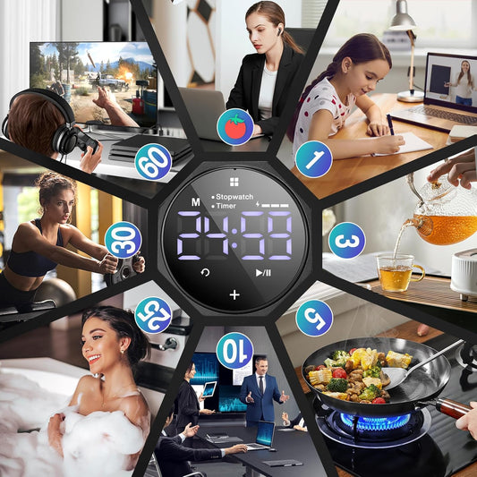 Digital Pomodoro Timer,Frosted Metal Productivity Cube Timer,1.8 in LED Digital Large Screen and Auto-Rotating Display,1/3/5/10/25/30/60min & Custom Time, Silent & Alarm,for Office, Study, Work(Grey)
