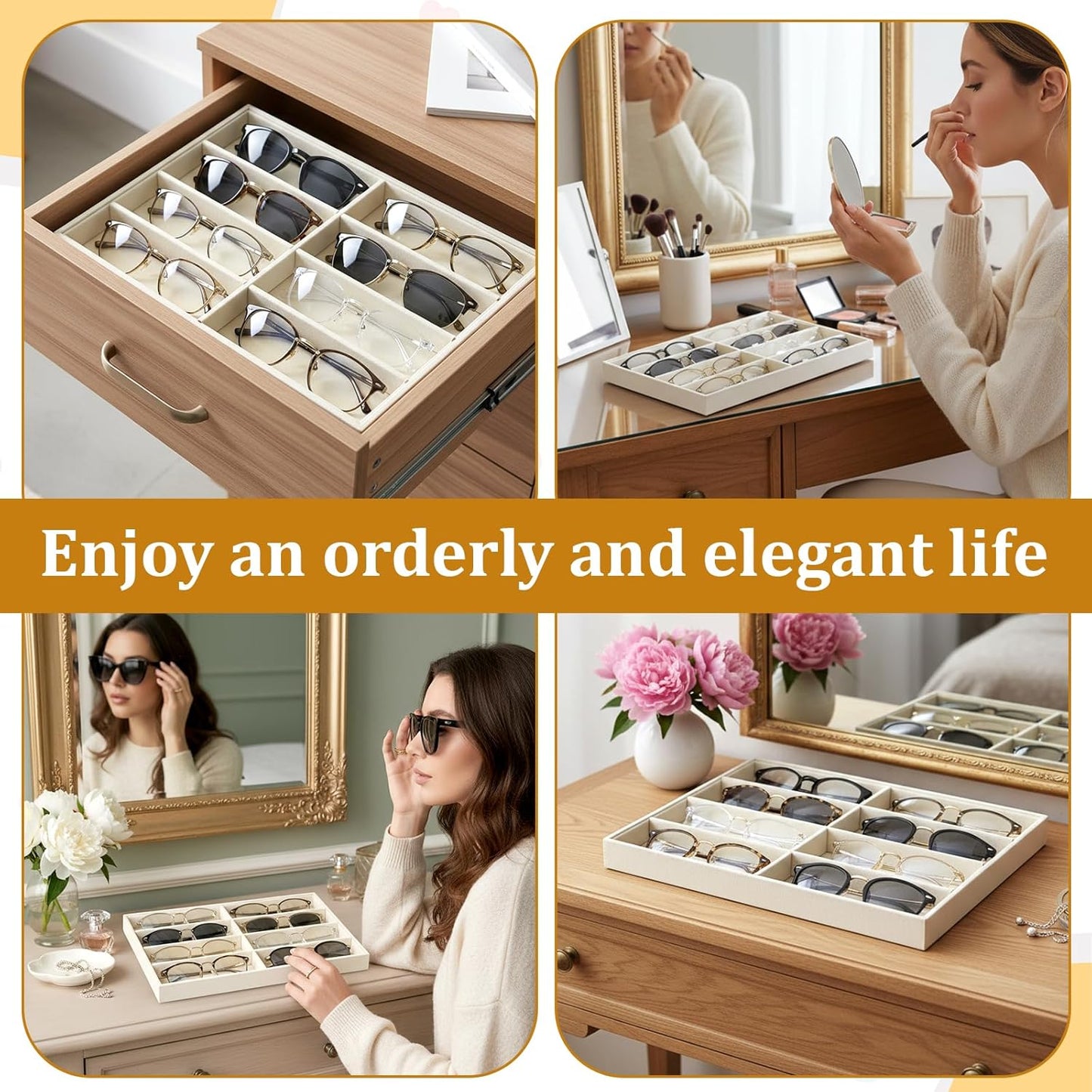2 Pcs Sunglass Organizer Trays, Velvet Stackable Jewelry Trays Large Eyeglasses Display Jewelry Display Tray Sunglasses Storage Organizer for Men Women Glasses Watch Organizers(Beige)