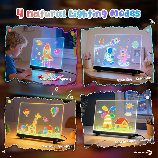 17” Rechargeable Led Drawing Board for Kids, Glow Doodle LED Note Board with 7 Colors and 4 Modes, Neon Acrylic Dry Erase Board with 7 Markers and Tracing Book, Sketching Gift Toy for Kids/Girls/Teens