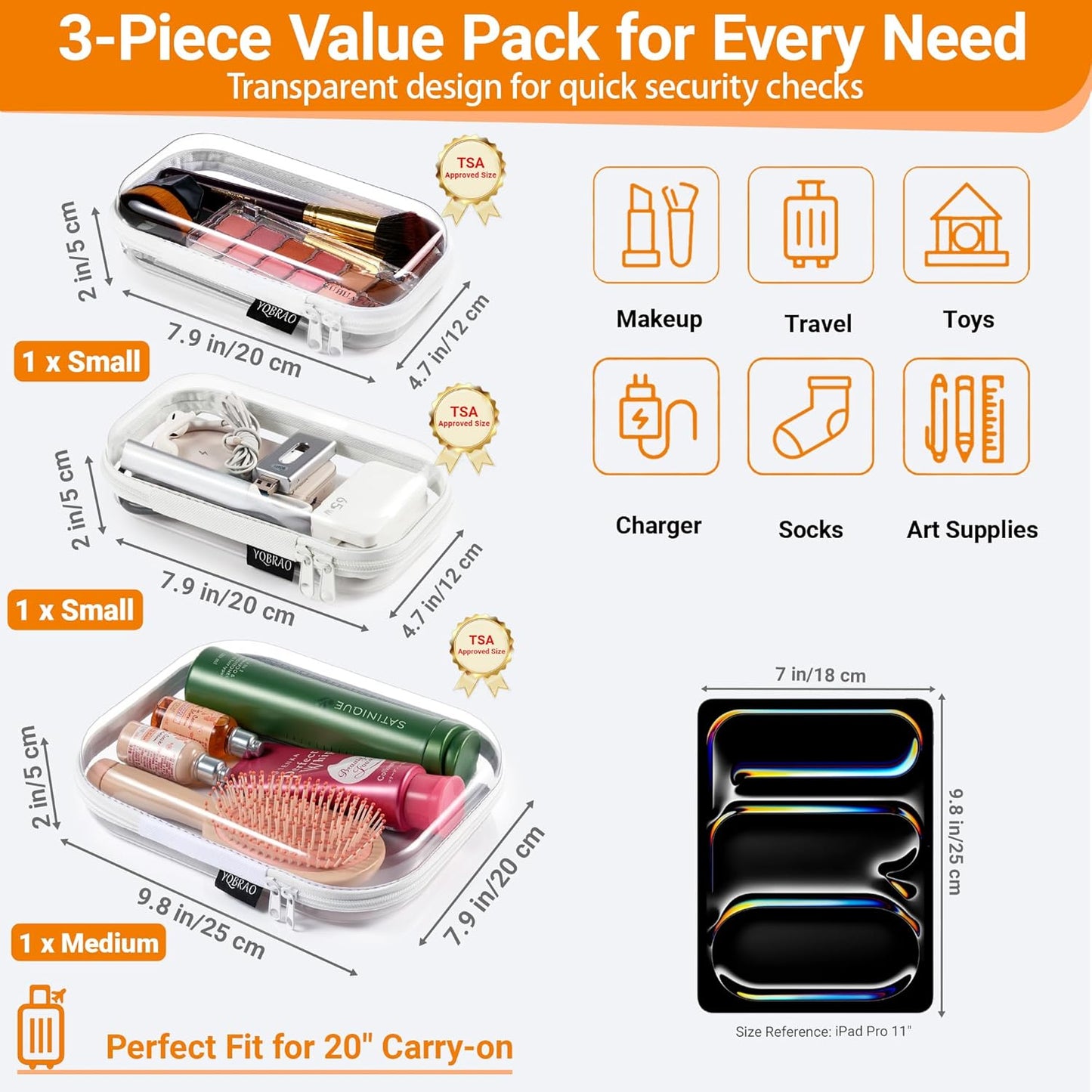 YQBRAO 6 Pack Clear Hard Shell Zipper Case, 1.2mm Heavy Duty Crush-Proof Diaper Bag Organizer Pouches, TSA Approved Travel Makeup Bag for Toiletries & Electronics, (2L, 2M, 2S) Multi-Size Storage Set