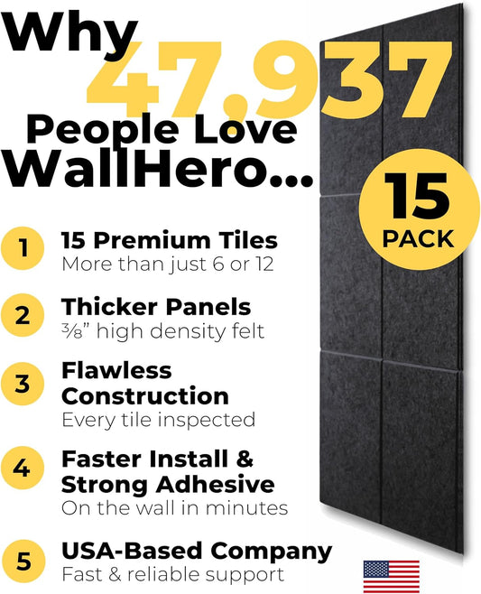 WALLHERO Cork Boards for Walls, Bulletin Boards 59"x36" | 15 Pack | Felt Bulletin Board, Large Cork Board for Office, Wall Protector for Dart Board, Corks Boards, Felt Board Tiles (Gray Marble)