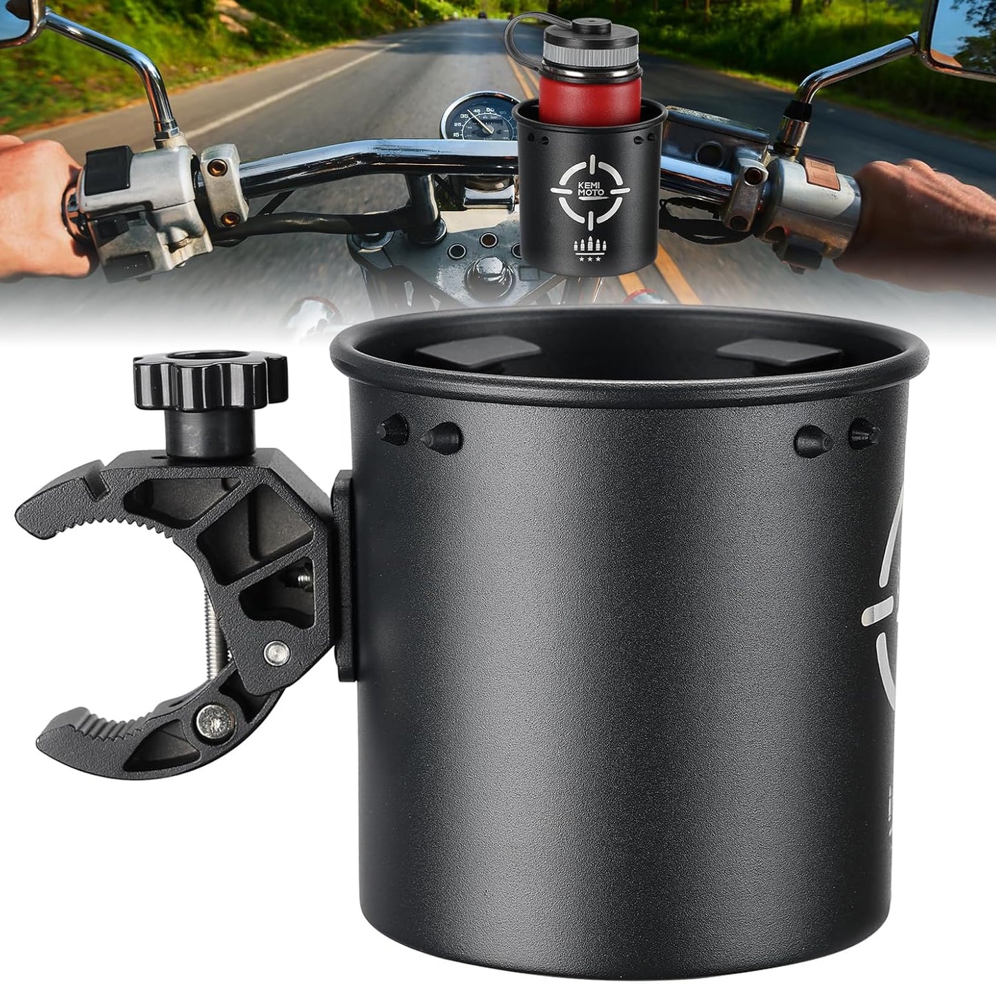 KEMIMOTO Motorcycle Cup Holder, Upgraded ATV Drink Holder with 0.6"-1.5" Metal Clamp, 32OZ Bike Water Bottle Holder for UTV, Scooter, Boat, Stroller, Wheelchair, Golf, Tractor