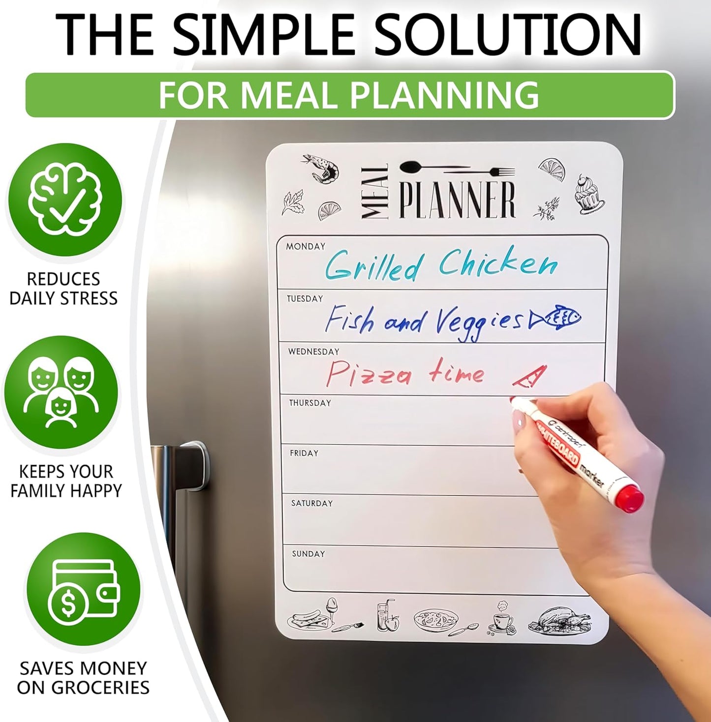 Dry Erase Magnetic Meal Planner for Refrigerator A4 (8.5x12 inch) - Magnet Weekly Menu Board for Fridge - Magnetic Menu White Board - Fridge Meal Planner Magnet - Dinner Meal Planner Dry Erase Board