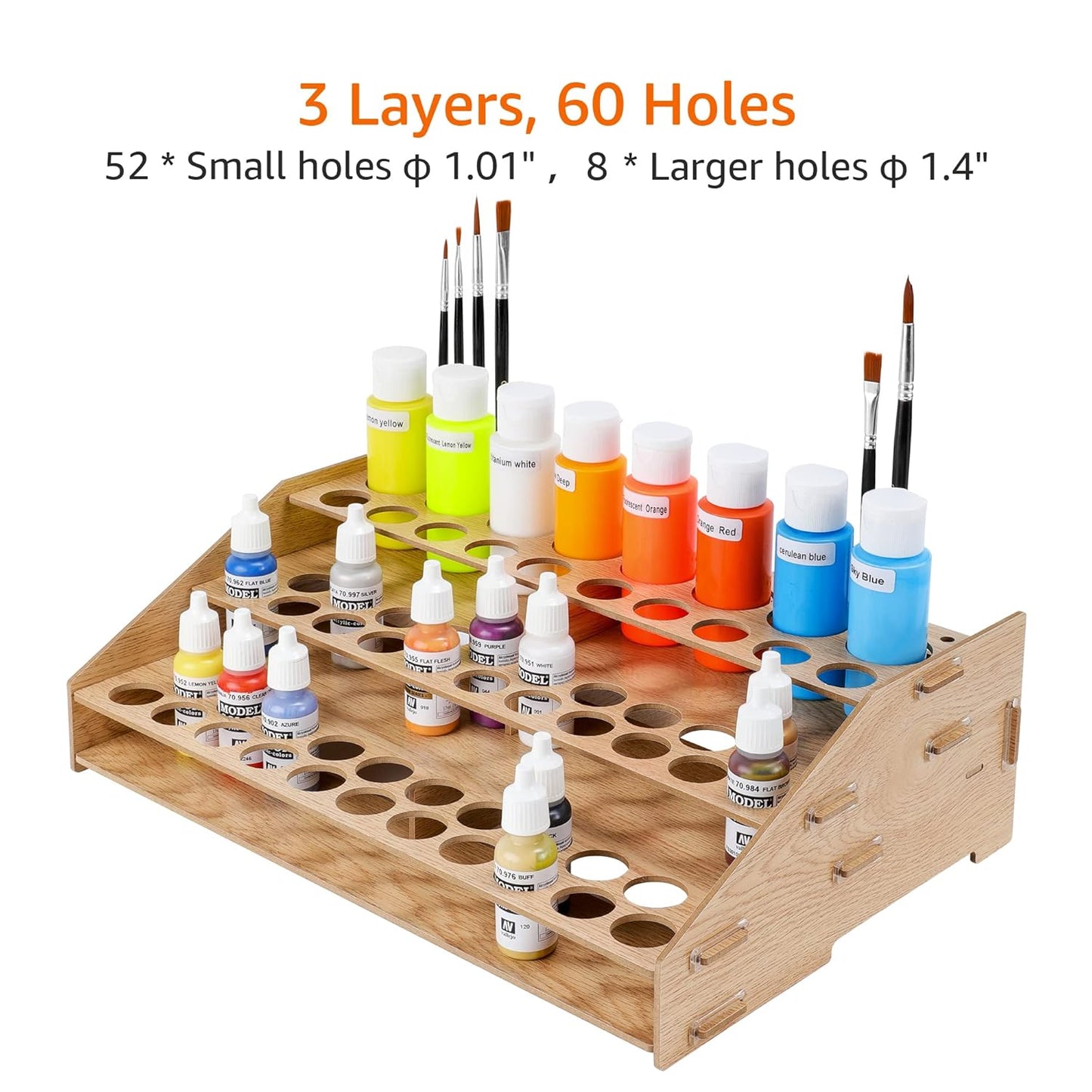 Amazon Basics Craft Paint and Brush Organizer Rack for Paint Bottles, Holds up to 60 Bottles and 22 Brushes, Wood Finish, 14 x 8 in, Light Brown