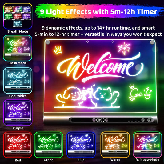 16“ Rechargeable LED Drawing Board, 9-Color Light Modes with Timer & Built-in Stand, Neon Art Dry Erase Glow Up Doodle Note Pad, Sketching Gift Toy for Kids/Girls/Teens, 6 Markers & Tracing Book
