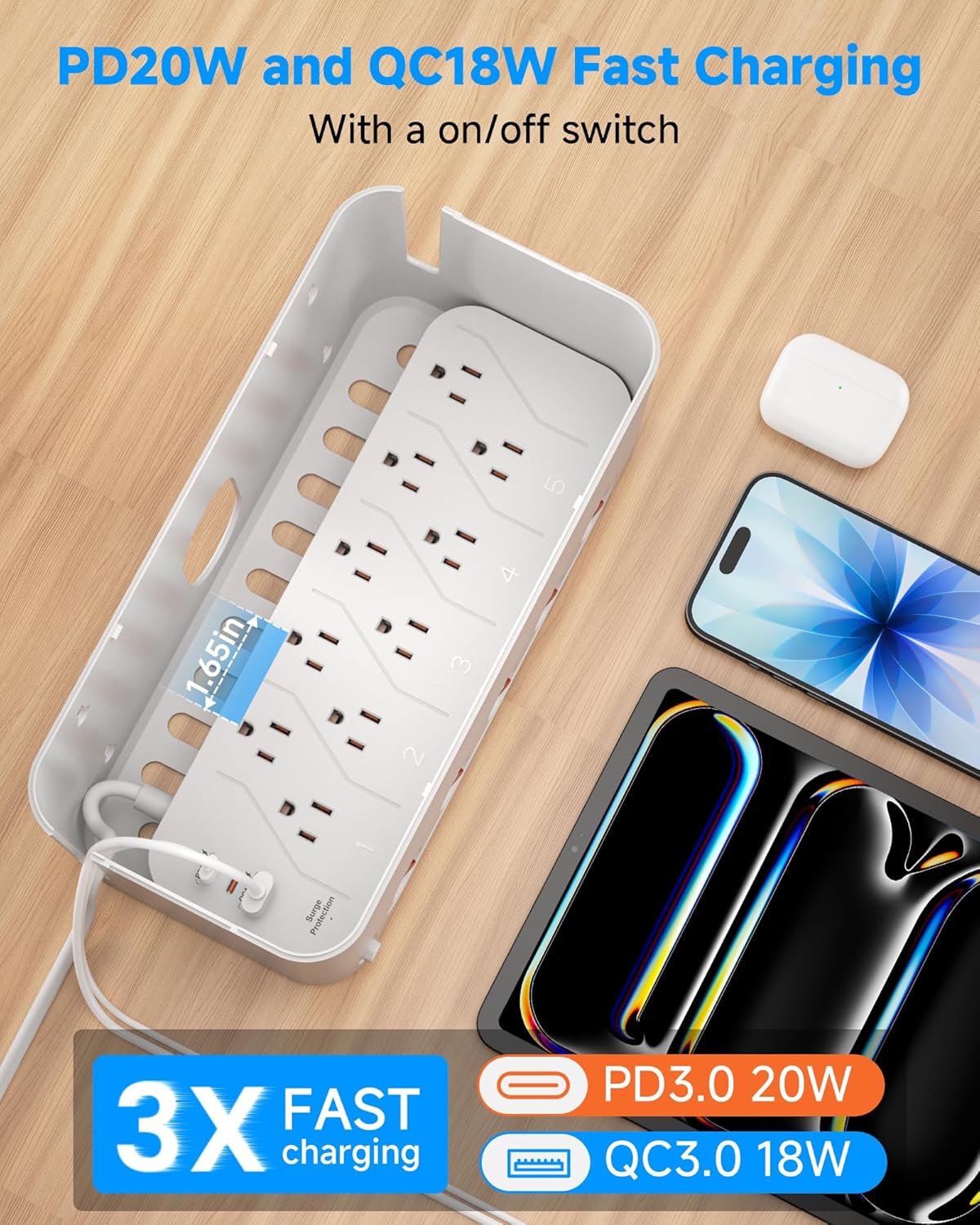 Power Strip with Cable Management Box,Surge Protector 10 AC and 3 USB Ports,6 ft Flat Plug Extension Cord,Outlet Hider Fast Charging Station,Desk Cord Organizer Box and Cover,Hidden Long Wire,Black
