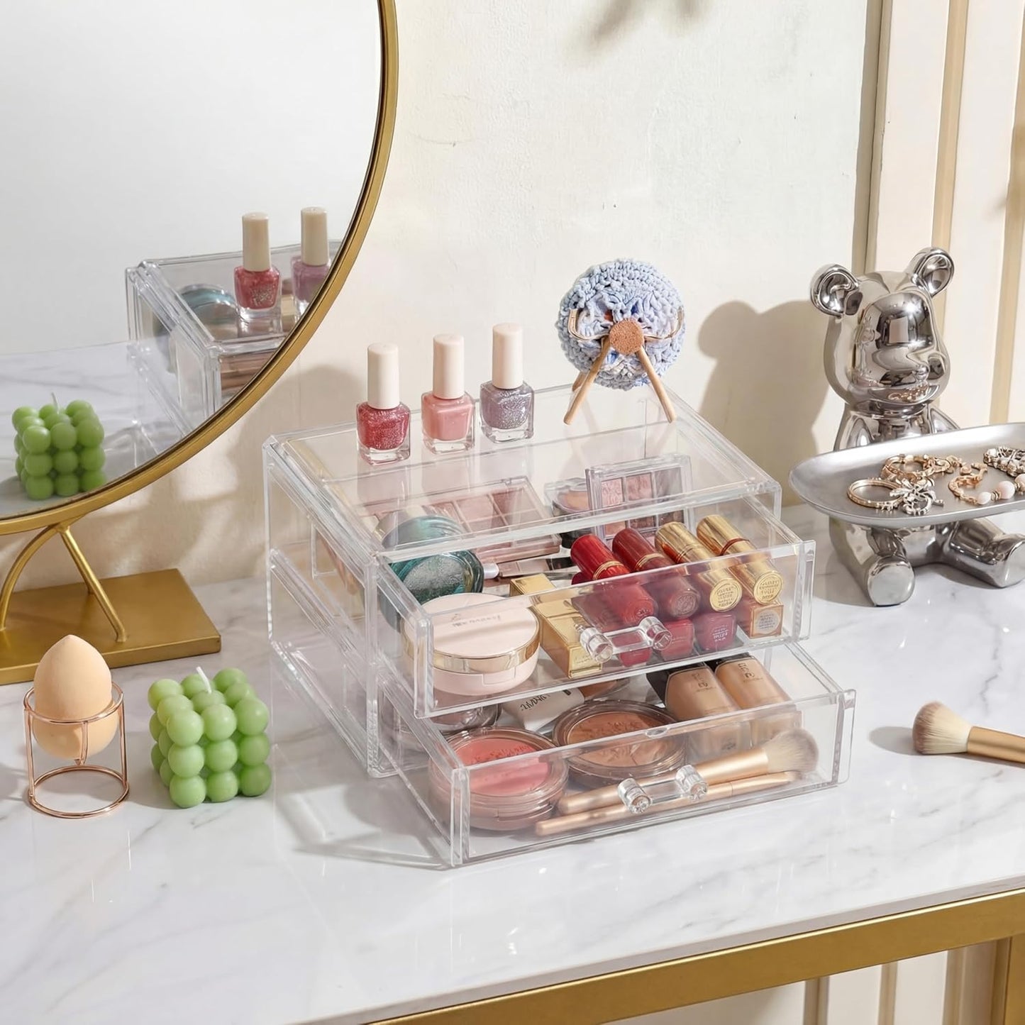 Acrylic Makeup Organizer 2 Drawer Transparent Makeup Storage Box with DIY Flower Nails Tips Jewelry Cosmetic Organizer Dustproof Drawer for Bedroom, Bathroom, Countertop Dresser 7.5 x 4.72 x 3.9 Inch