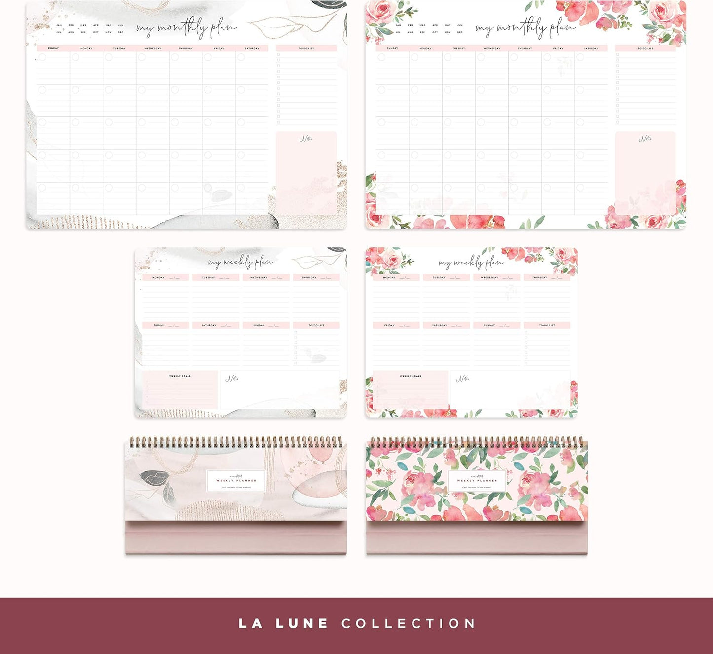 Pink Abstract Non-Dated Spiral Weekly Desk Calendar Planner, 60 Week Inspirational To Do List Pad Desktop Stand, 3.75" x 10.5", La Lune Collection by Bright Day