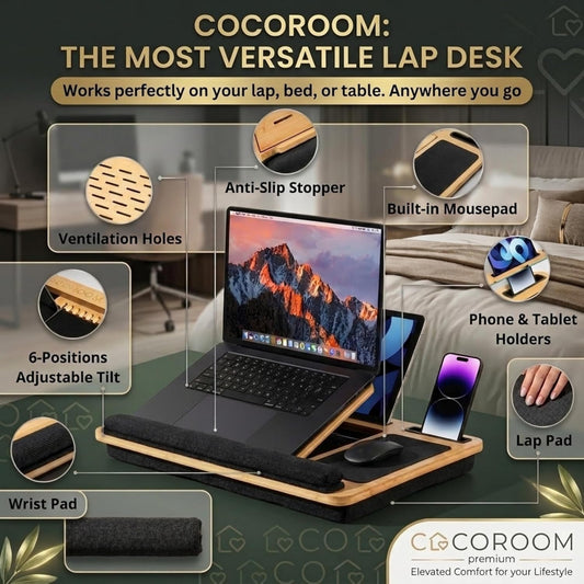 Lap Desk for Laptop – Bed Desk Tray Table with Cushion, 5 Angles, Phone & Tablet Holder, Mouse Pad & Ventilation – Laptop Stand, Lap Table, Couch Desk for 15”-17” Laptops (Black)