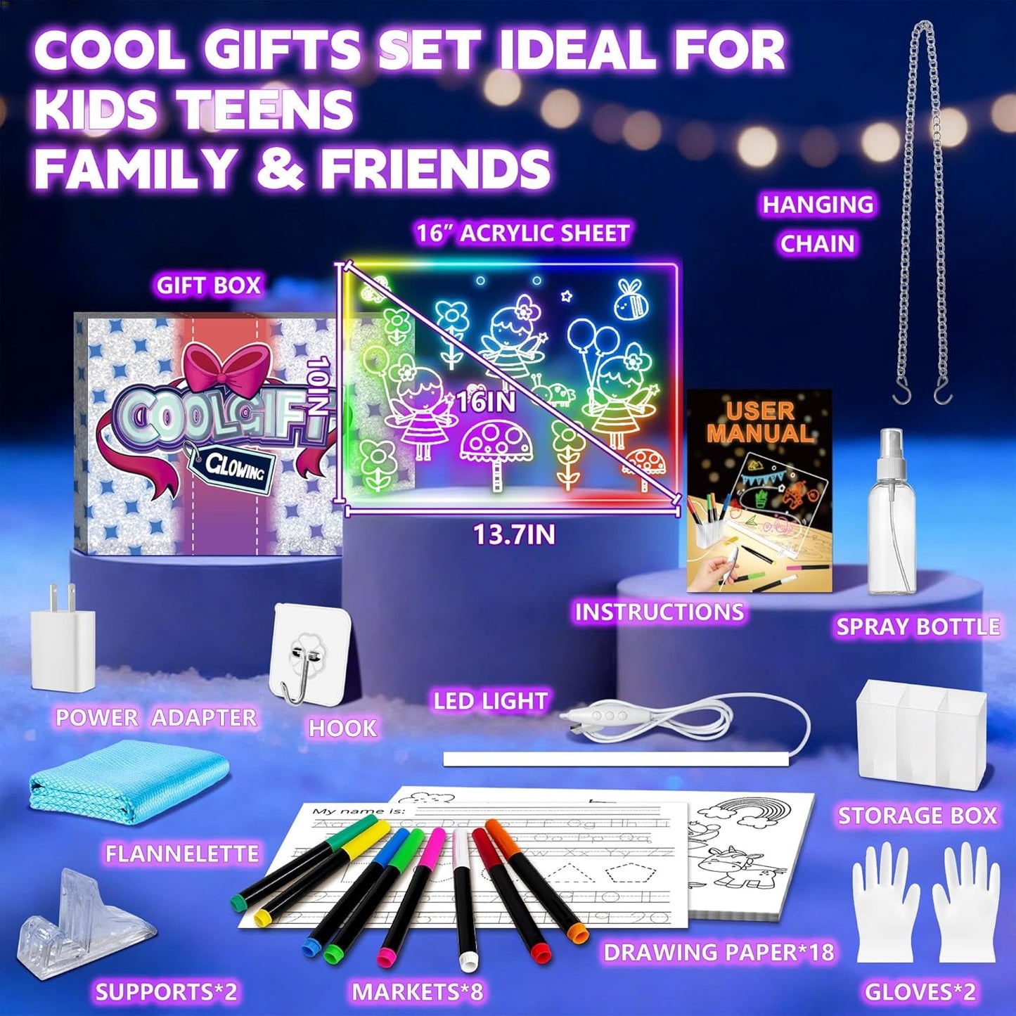 16" LED Drawing Board for Kids - Light Up LED Note Board with Colors & 18 Tracing Stencils, Birthday Gifts for Girls Ages 5-12, Glow Doodle Pad Art Set, 39PCS