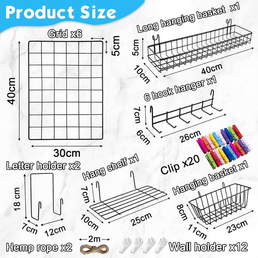 6 Pack 16 x 12 Inch Black Wall Grid Wire Panel with Accessories 1 Black Hanging Wire Basket, 1 Shelf, 1 Hook Rack, 2 Letter Sorter Shelf, 20 Clips, 12 Non Trace Nail, 2 Hemp Rope, Photo Home Decor