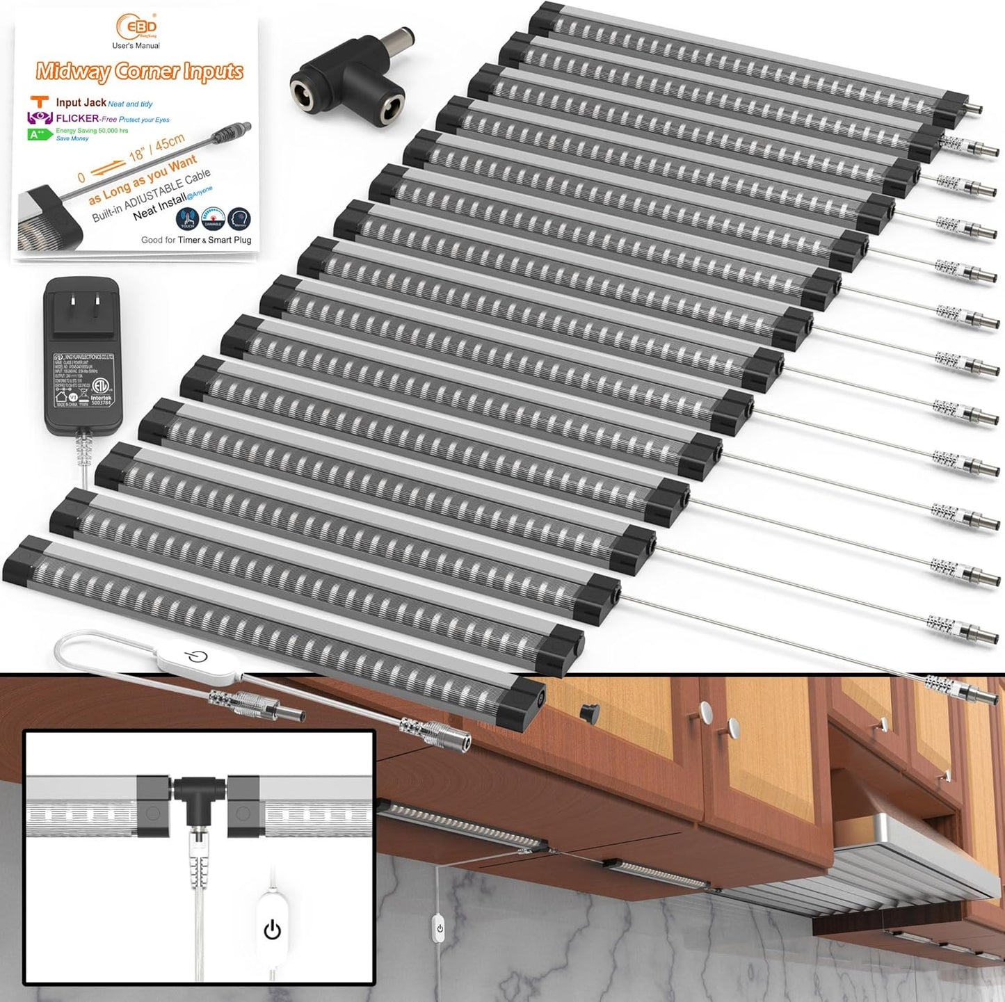 EBD LED Light Bar Built-in Adjustable Cable 12 Pcs Corner Input Under-Counter Light fixtures Work Bench linkable Touch Lights 3000K 5400 Lm Super Bright for Pantry Garage Shelves Closet Shelf