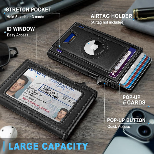 miyozi Airtag Wallet for Men, Slim Pop Up Credit Card Holder RFID Blocking Mens Minimalist wallet for 7-9 Cards ID Window, with Gift Box