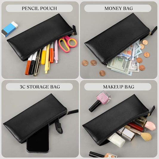 MROCO Pencil Case Black Pencil Bag PU Leather Pen Case Small Zipper Pouch for Pencils, Pens, Markers, Makeups, Change, Coins