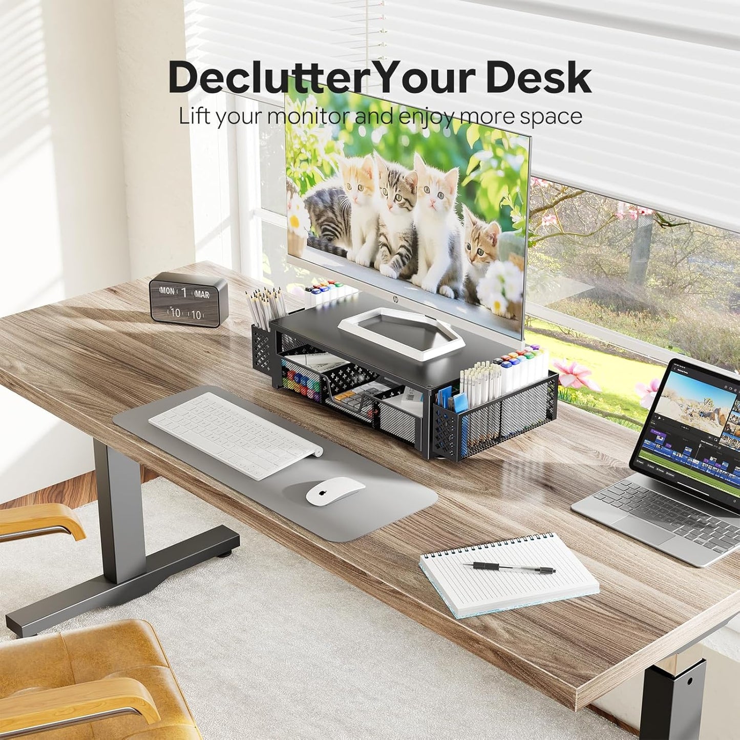 Simple Trending Desk Organizer and Accessories, 2 Tier Computer Metal Monitor Stand Riser with Drawer and Pen Holder for Laptop, Computer, iMac, Black