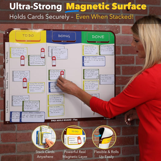 4 Column Magnetic Kanban Board, Scrum Board Flex Whiteboard Kit. Agile Kit, 64 Magnetic Kanban Cards Kit, Scrum Cards Set. Project Management Board for Project Planning, Kanban Whiteboard Kit