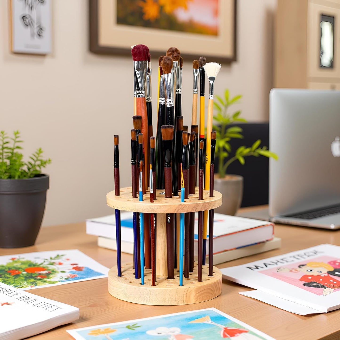 52 Holes Paint Brush Holder, 360° Rotating Paint Brush Organizer, Hardwood Storage Stand Rack for Artists Brushes, Crafts Tools, Makeup Brush, Calligraphy Pens