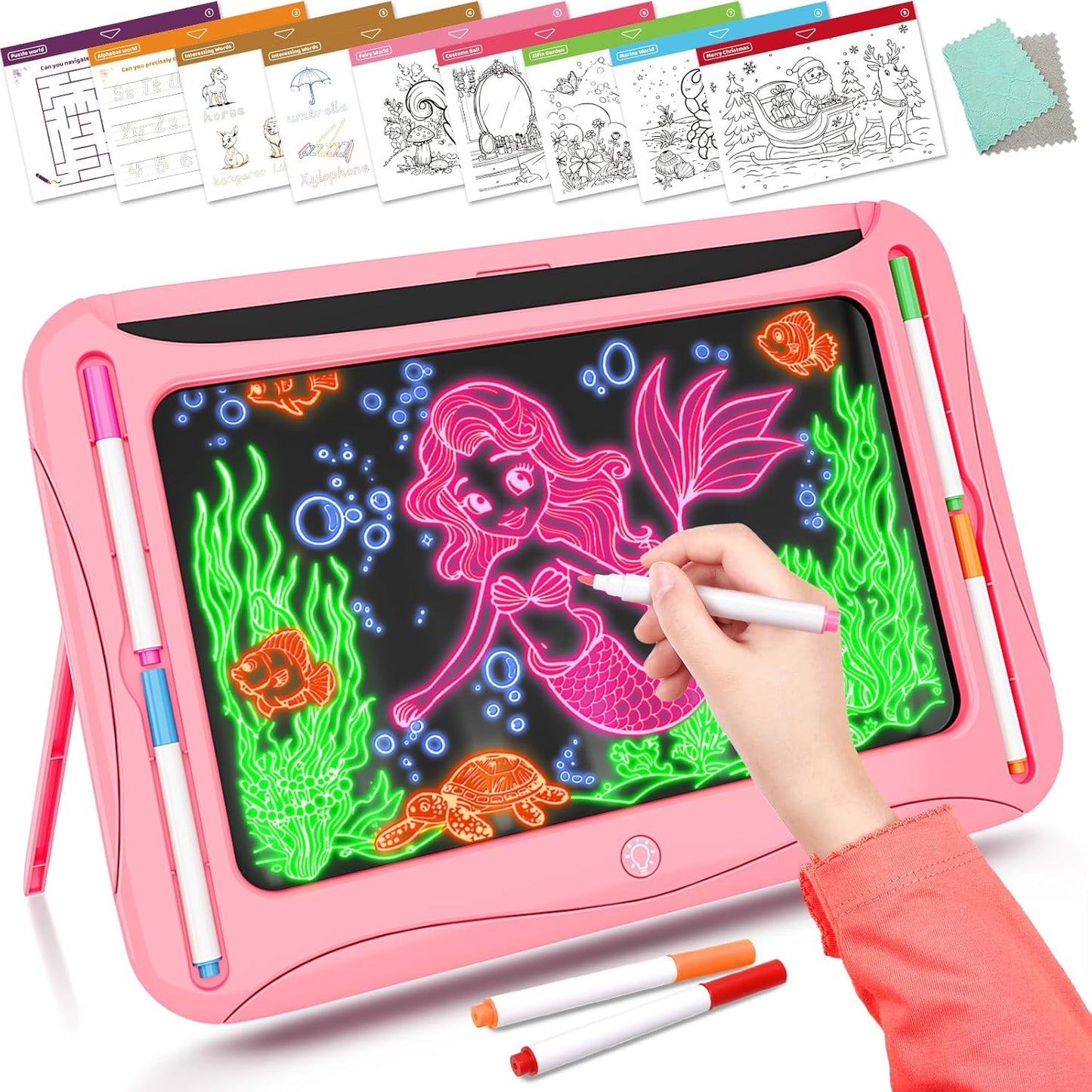 LED Drawing Board, Magic Kids Toys for Boys 4-6, Christmas Birthday Gifts, Light Up Tracing Pad, 9 Double-Sided Cards, 6 Markers, Glow in The Dark Doodle Writing Tablet, Learning Toy Arts Crafts Kits