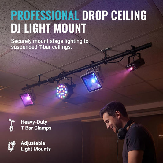 ALZO Suspended Drop Ceiling Mount Light Bar – 6 Ft Aluminum DJ & Stage Light Mounting Bar for T-Bar Grid Ceilings – 40 lb Capacity, 3 Adjustable Mounting Clips, 15 ft 3-Outlet Power Cord – Black