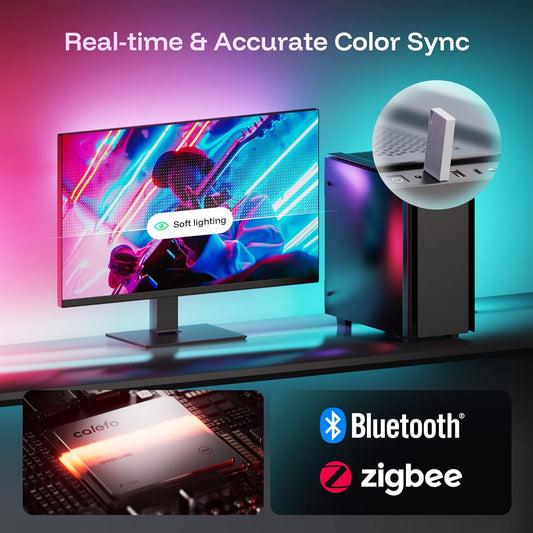 Calefo RGBCW PC Gaming Ambient Lighting Kit for 24-27 Inch, USB Sync Dongle, Bar Light & Monitor Backlight, Color Sync for Games, Movies, Music,Plug and Play,Windows 10/11 & Mac Compatible.