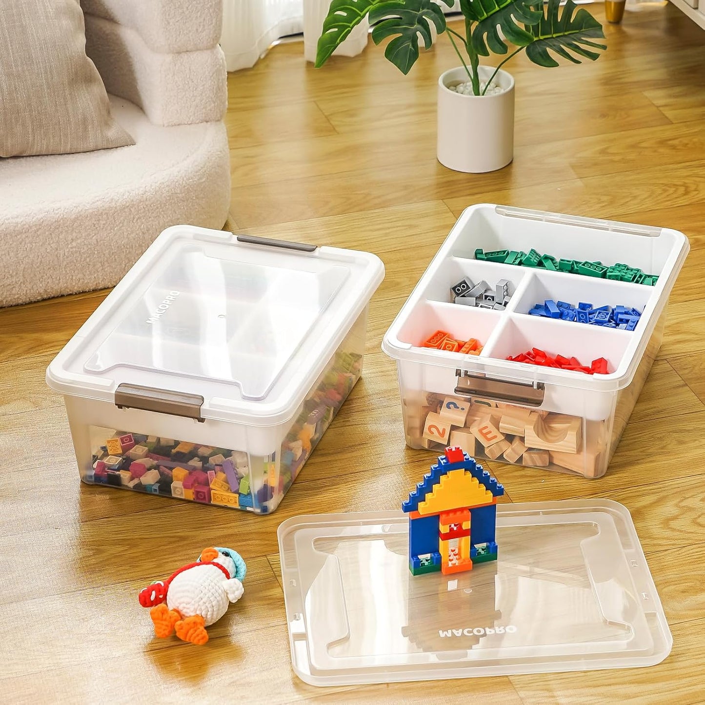 MACOPRO 17QT Craft Storage Box with 2 Removable Caddy Trays, Clear Stackable Plastic Organizer with Lid for Art Supplies, Beads, Sewing Tools, Pens & Kids Toys (White, 1Pack-2-in-1)