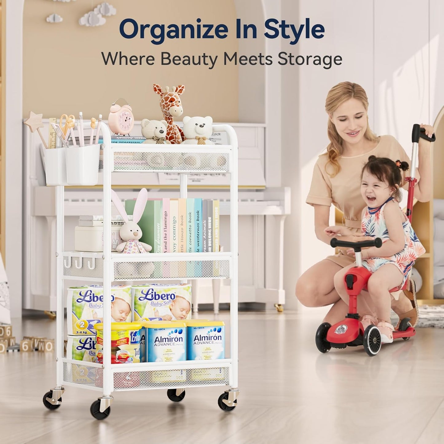 YASONIC 3 Tier Rolling Cart – Metal Utility Storage Carts with Wheels, Craft Carts Organizer with Hanging Cups, Hooks, Mesh Basket for Bedside Kitchen Office Art, Green