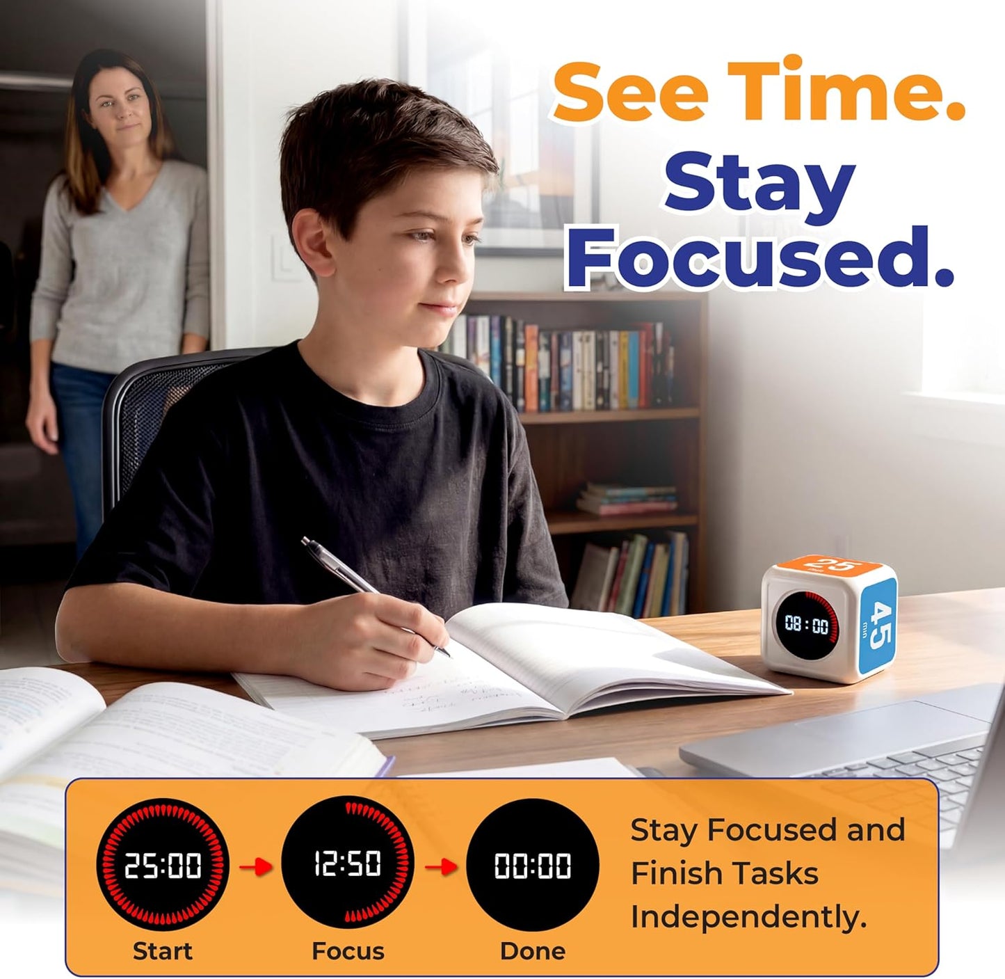 Visual Timer for Kids & Adults – Pomodoro Timer Cube with 5/10/25/45 Min Presets, Custom Visual Countdown & Count Up, Digital Classroom Timer for ADHD, Focus, Study, Work, Rechargeable