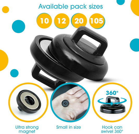 HATSBI. Multipurpose Magnetic Cable Zip Tie Mounts. Black. (20 Pack). 20 Black Cable Zip Ties Included. Cable Holder for Cable Management. Holds Standard Zip Ties/Cable Ties.