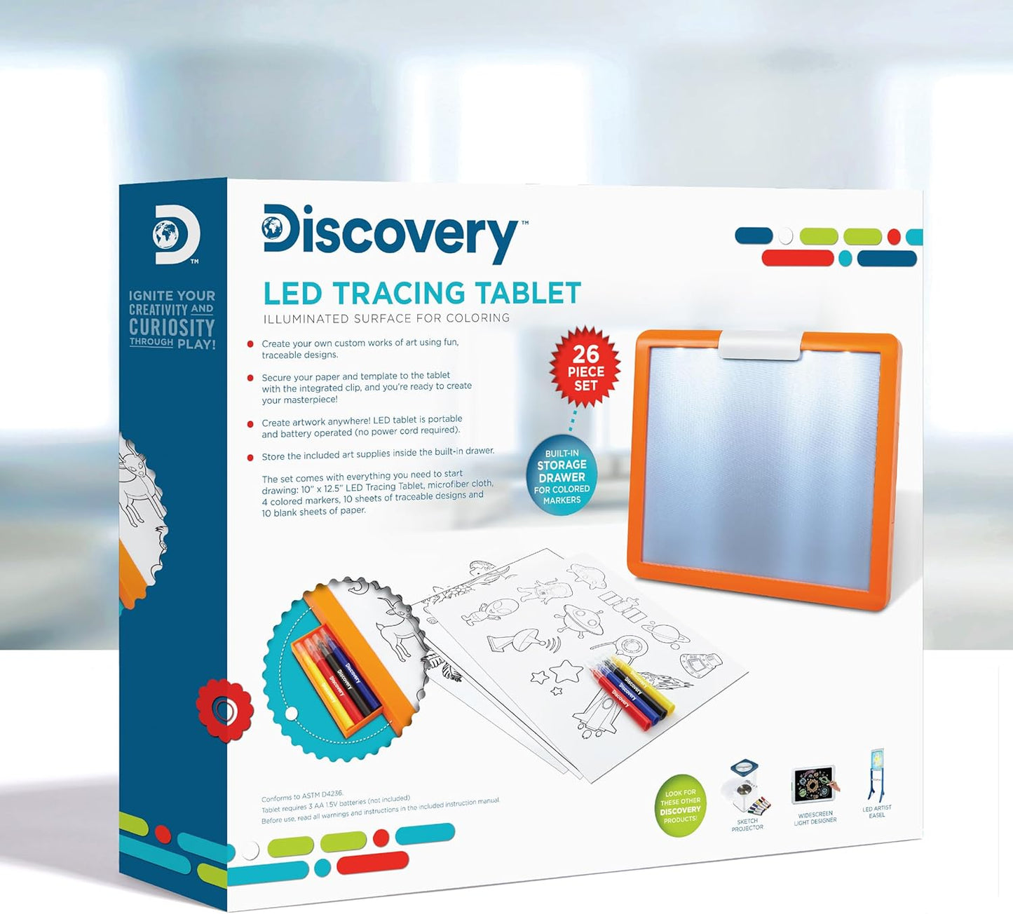 Discovery LED Tracing Tablet, 26-Piece Set with Washable Markers, Tracing & Template Sheets, Battery Powered Doodle Activity Lightboard, Kids Drawing & Sketching Portable Travel Art Set, Toy Gift