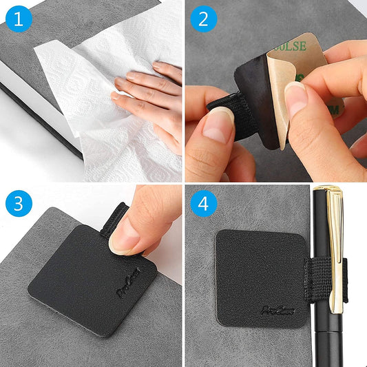 ProCase (5 Pack) Pen Loop Holder for Notebooks Journals Planners Tablet Case, Self Adhesive Leather Pencil Holder with Elastic Loop for Pens, Apple Pencil, Stylus Pen -Black