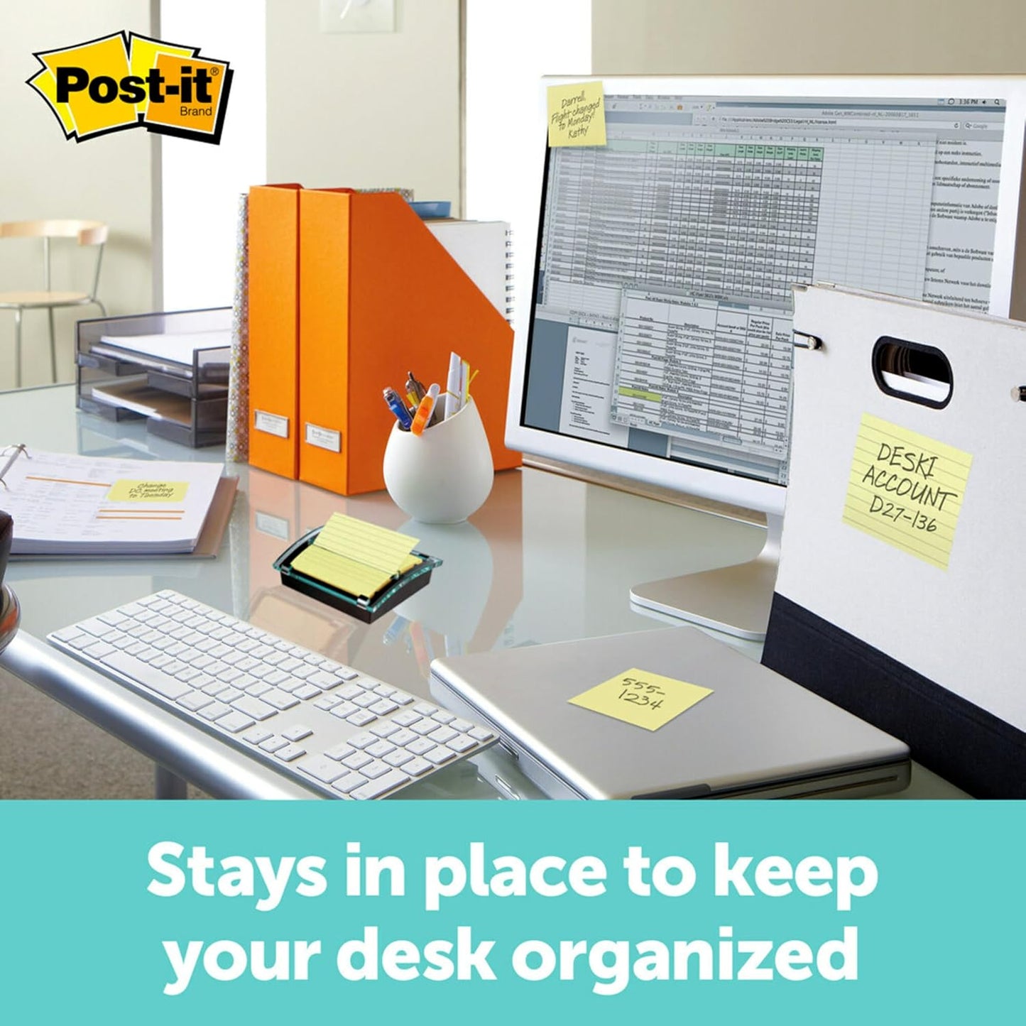 Post-it Note Dispenser, Sticky Note Holder, Black Base, Clear Top, Includes 50 Sheets of 3 in x 3 in Canary Yellow Pop-Up Notes, Classroom or Office Supplies