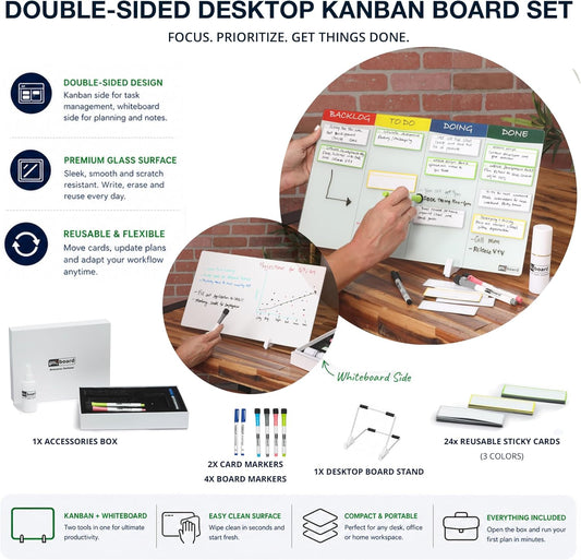 Desktop Kanban Board & Whiteboard (Double-Sided) 18” x 11” Glass Dry Erase Board with Stand, 24 Reusable Task Cards, 6 Markers – Scrum Agile Project Management Desk Planner