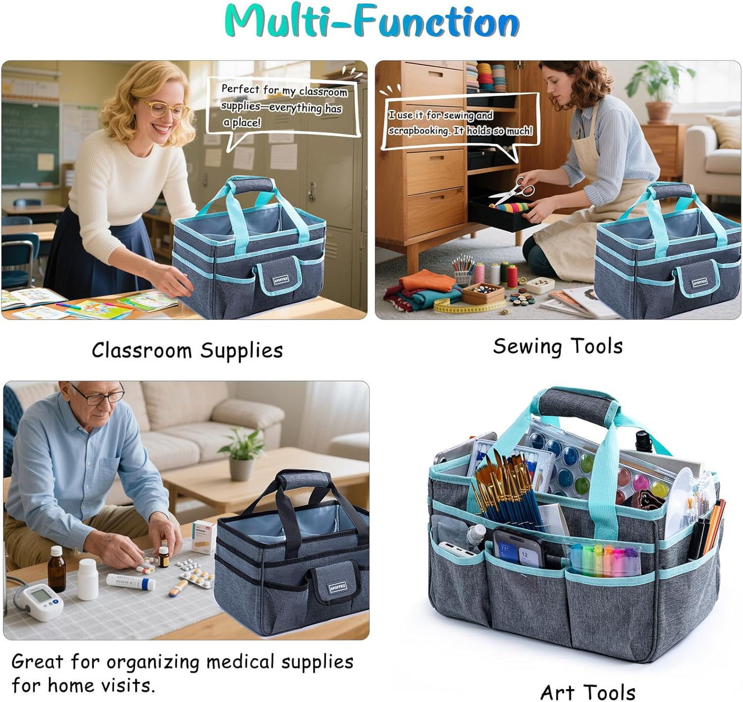 Art Supply Organizer Tote Bag – Craft Caddy with Handle, Utility Storage Tote with Multiple Pockets & Adjustable Divider for Stationary, Sewing, Scrapbooking, School, Office, Medical Supplies
