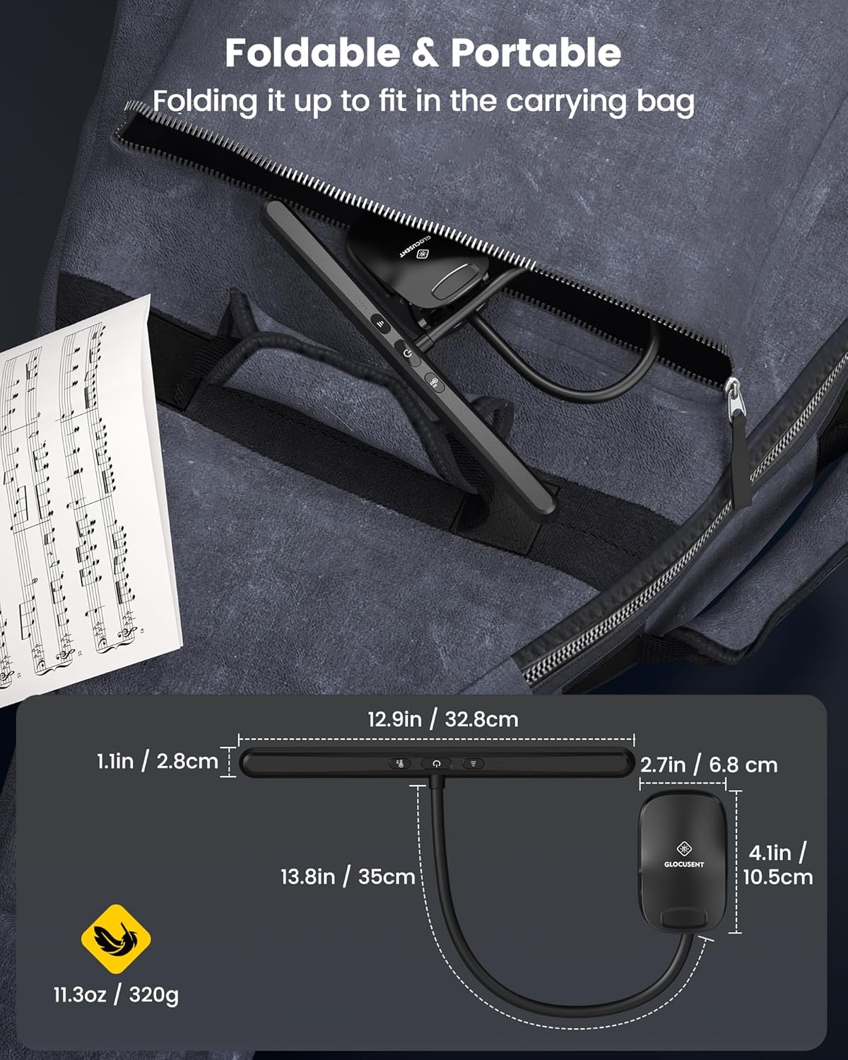 Glocusent Super Bright Eye-Caring Music Stand Light, Clip on Piano Lamp with 3 Colors & 5 Brightness Levels, 57 LEDs, USB-C Rechargeable, Lasts up to 140 Hrs, Perfect for Piano & Sheet Music