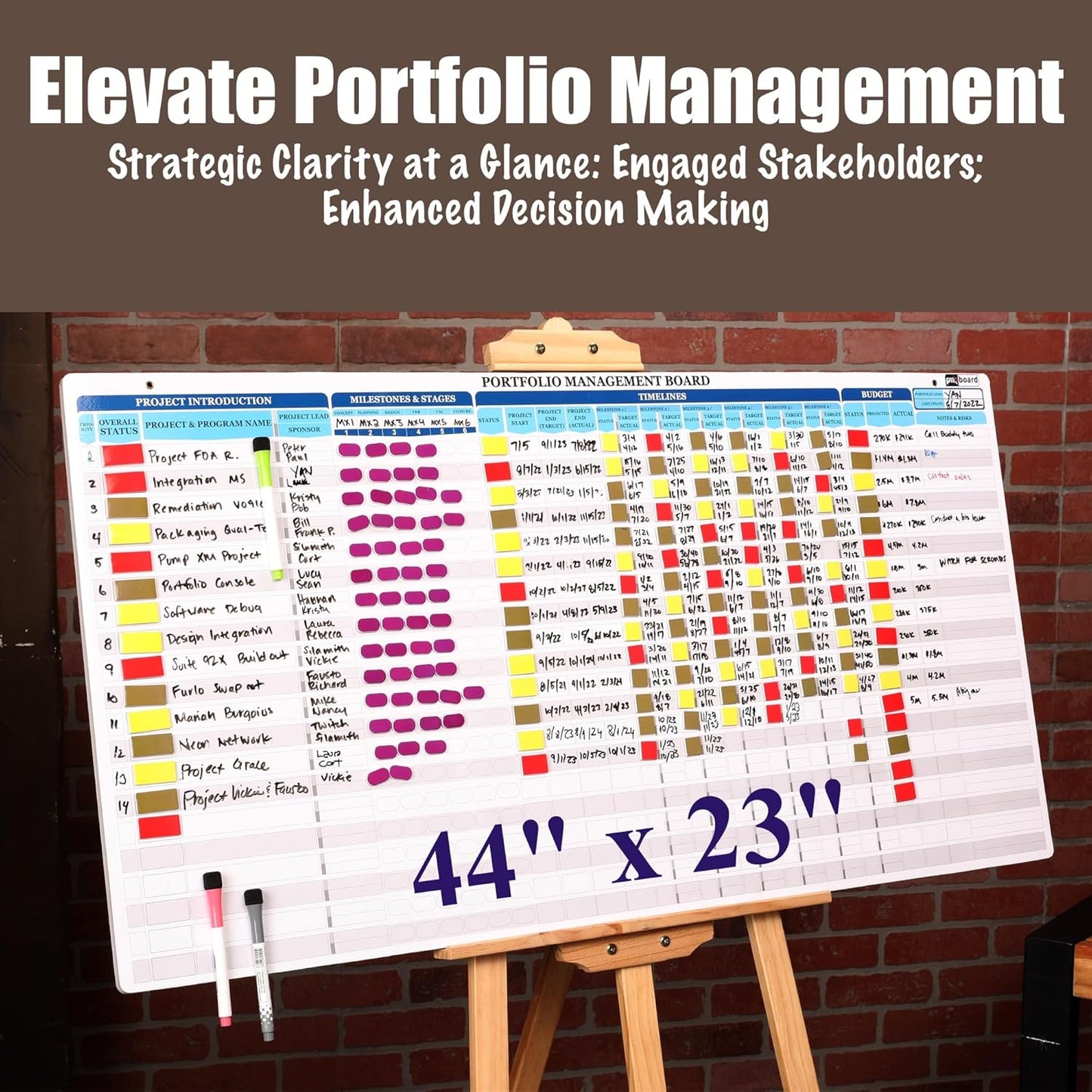 Portfolio Project Management Board Set – Magnetic Whiteboard with Easel, 44” x 23”, 660 Magnets & Accessories – Track Up to 20 Projects, Budget, Risk & Timeline–Visual Project Planner&Tracker