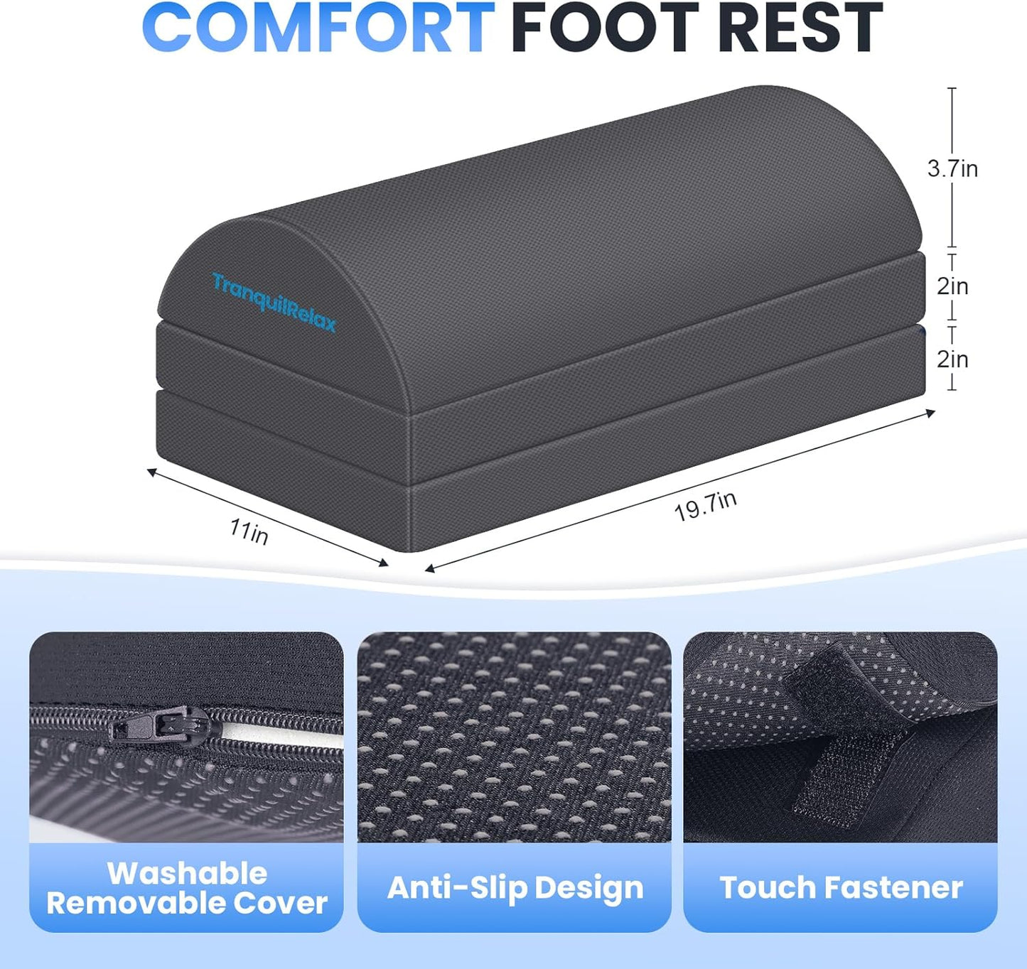 TranquilRelax Foot Rest for Under Desk at Work, Gaming Accessories Foot Stool with 3 Adjustable Heights & Washable Cover, Comfortable Office Desk Accessories, Footrest for Office, Home and Car (Black)